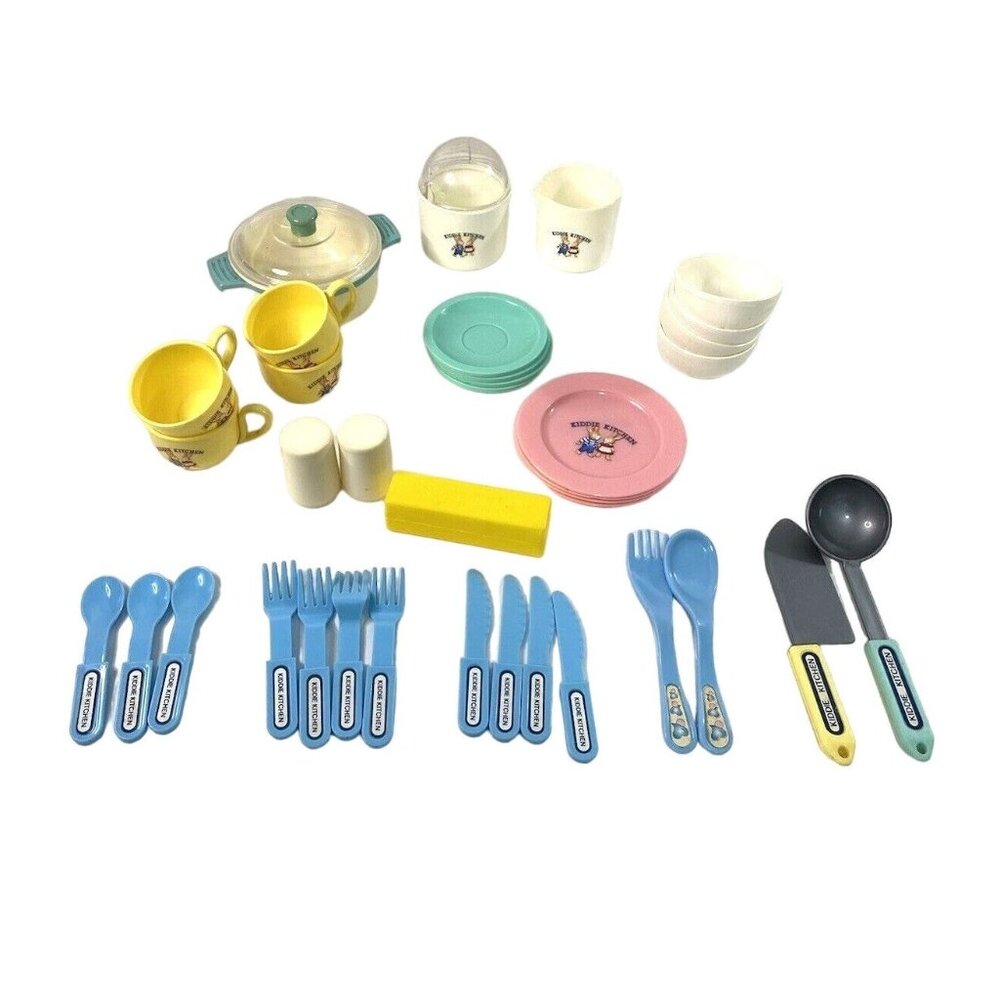 Vintage Toy Kitchen Dish Set Cups Plates Utensils Pots Play Set Retro 1980s